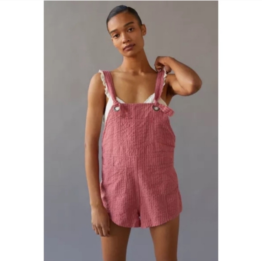 Women's Rose Pink Textured Short Overalls Romper